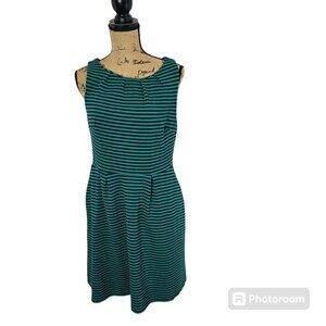 Mary McFadden Green Blue Striped FIt & Flare Sleeveless Dress Medium